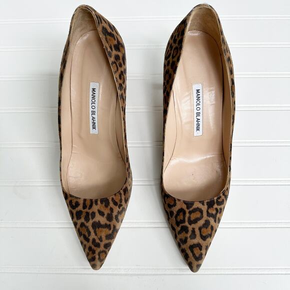 Manolo Blahnik BB Leopard Print Calf Hair Pointed Toe Stiletto Heels Pumps 40 - Picture 1 of 8